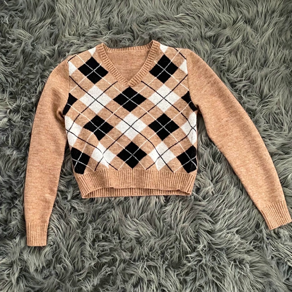 SHEIN Argyle Sweater Long Sleeve Brown Small